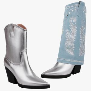 LOIRIT Women's Cowgirl Boots Silver Mid Calf Chunky Heel Boots - NWOB